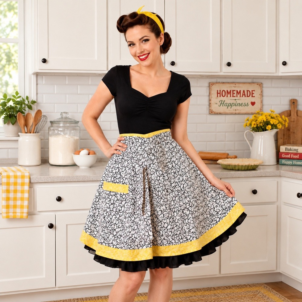 Brelo Creations Retro Paisley Cotton Half Apron Yellow Black White Handmade